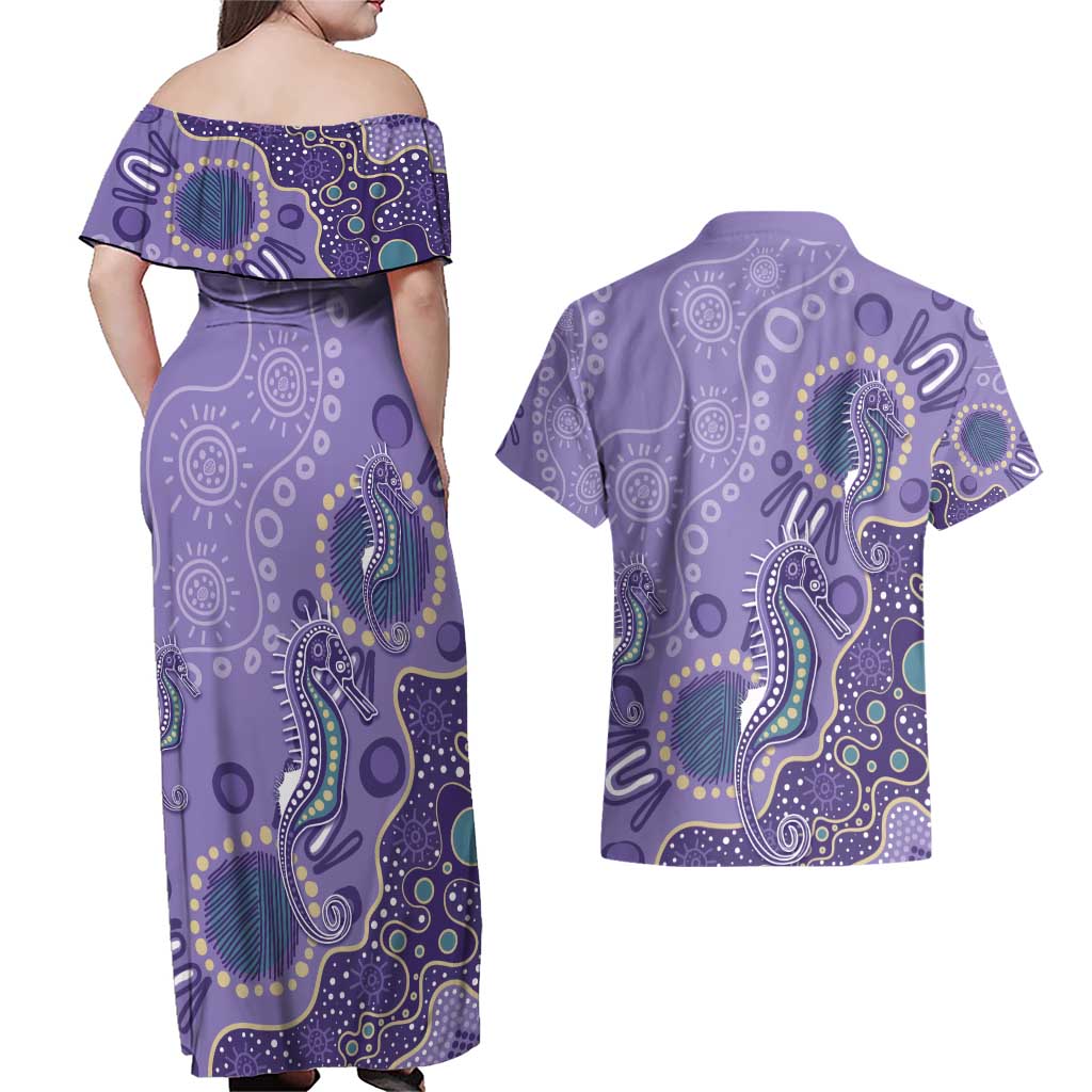 Australia Epilepsy Awareness Couples Matching Off Shoulder Maxi Dress and Hawaiian Shirt Aboriginal Purple Ribbon with Seahorse - Aussie Hoodie