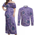 Australia Epilepsy Awareness Couples Matching Off Shoulder Maxi Dress and Long Sleeve Button Shirt Aboriginal Purple Ribbon with Seahorse - Aussie Hoodie