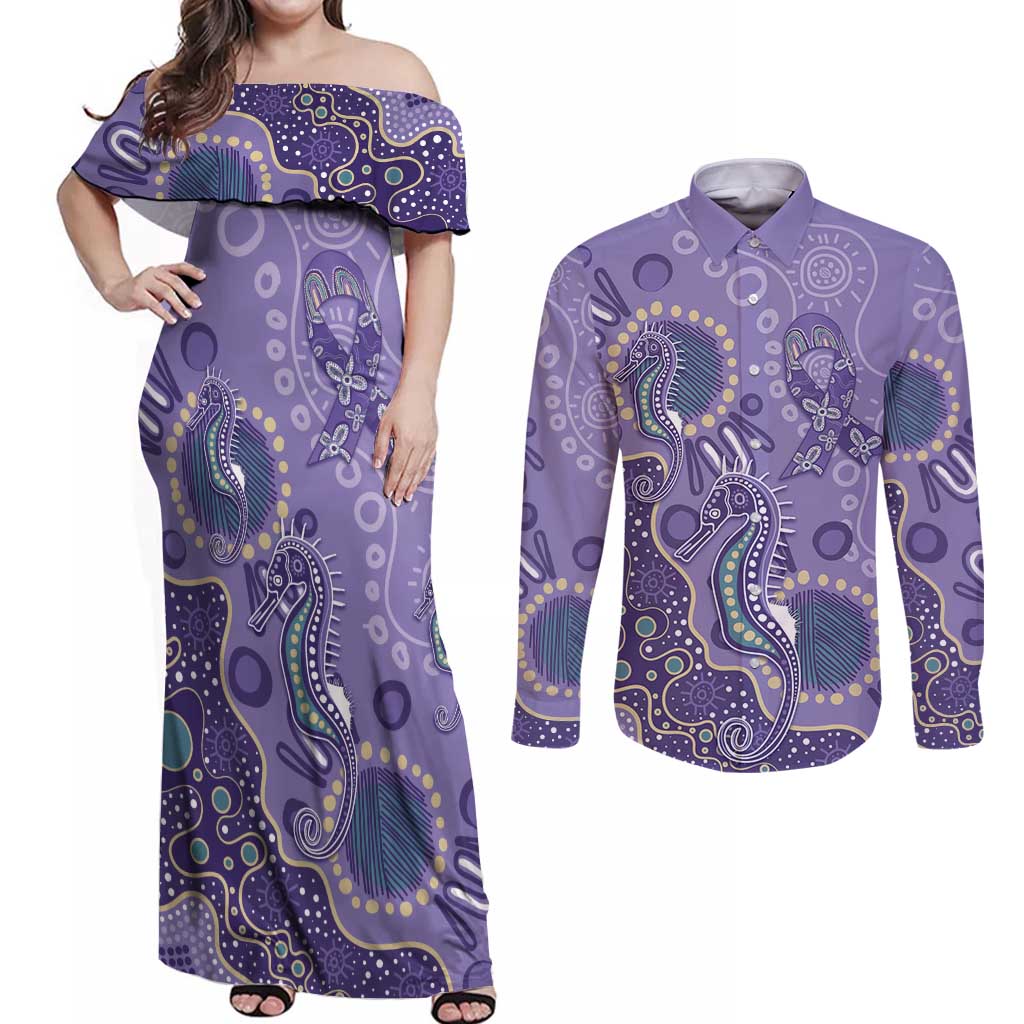 Australia Epilepsy Awareness Couples Matching Off Shoulder Maxi Dress and Long Sleeve Button Shirt Aboriginal Purple Ribbon with Seahorse - Aussie Hoodie
