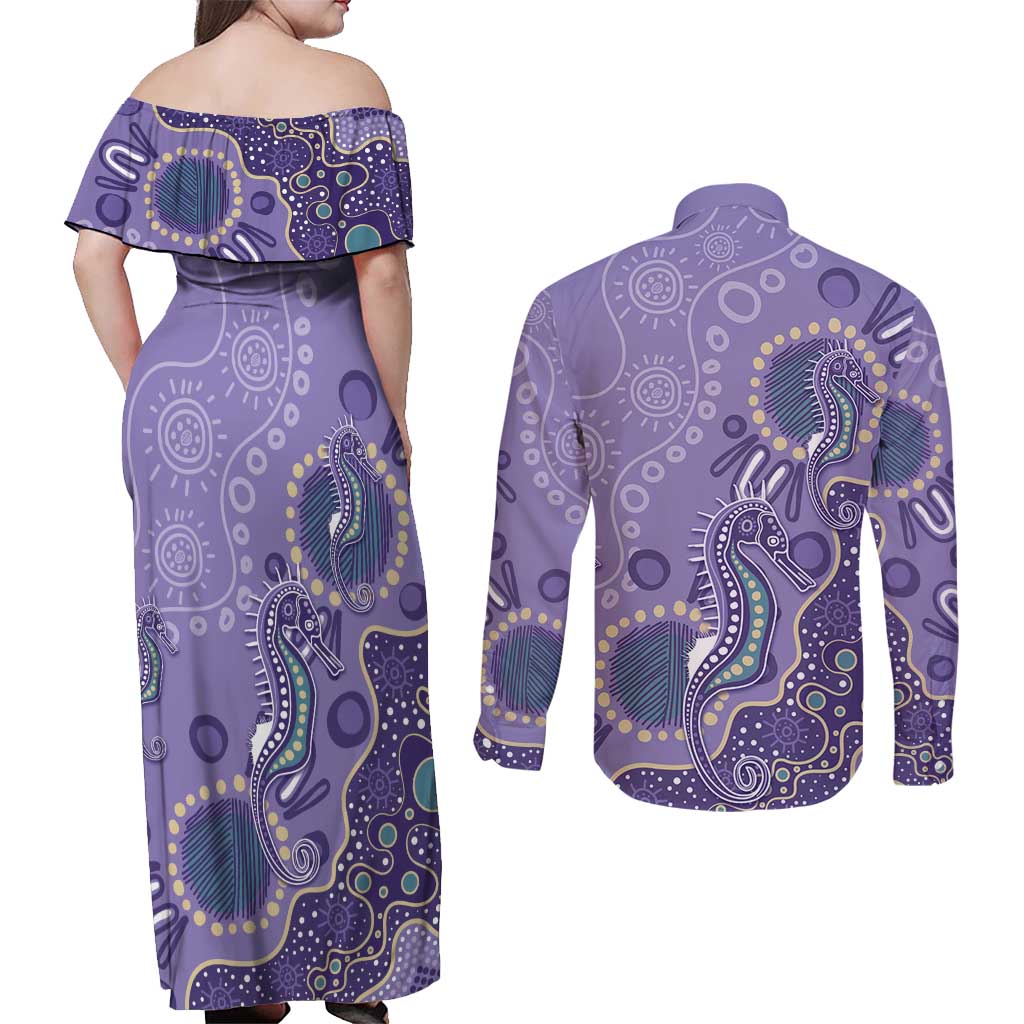 Australia Epilepsy Awareness Couples Matching Off Shoulder Maxi Dress and Long Sleeve Button Shirt Aboriginal Purple Ribbon with Seahorse - Aussie Hoodie