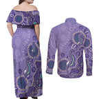 Australia Epilepsy Awareness Couples Matching Off Shoulder Maxi Dress and Long Sleeve Button Shirt Aboriginal Purple Ribbon with Seahorse - Aussie Hoodie