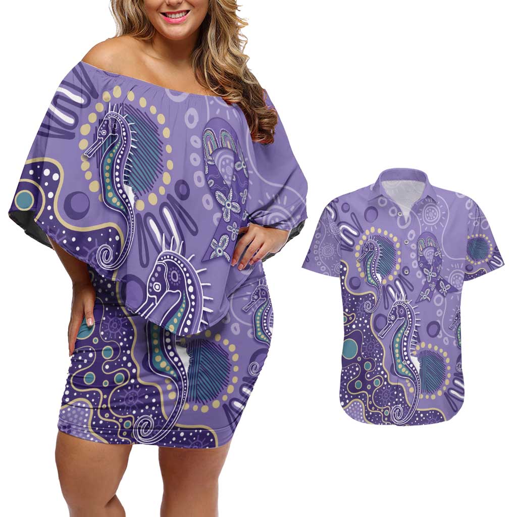Australia Epilepsy Awareness Couples Matching Off Shoulder Short Dress and Hawaiian Shirt Aboriginal Purple Ribbon with Seahorse - Aussie Hoodie