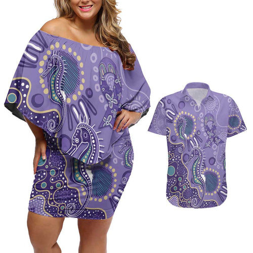 Australia Epilepsy Awareness Couples Matching Off Shoulder Short Dress and Hawaiian Shirt Aboriginal Purple Ribbon with Seahorse - Aussie Hoodie