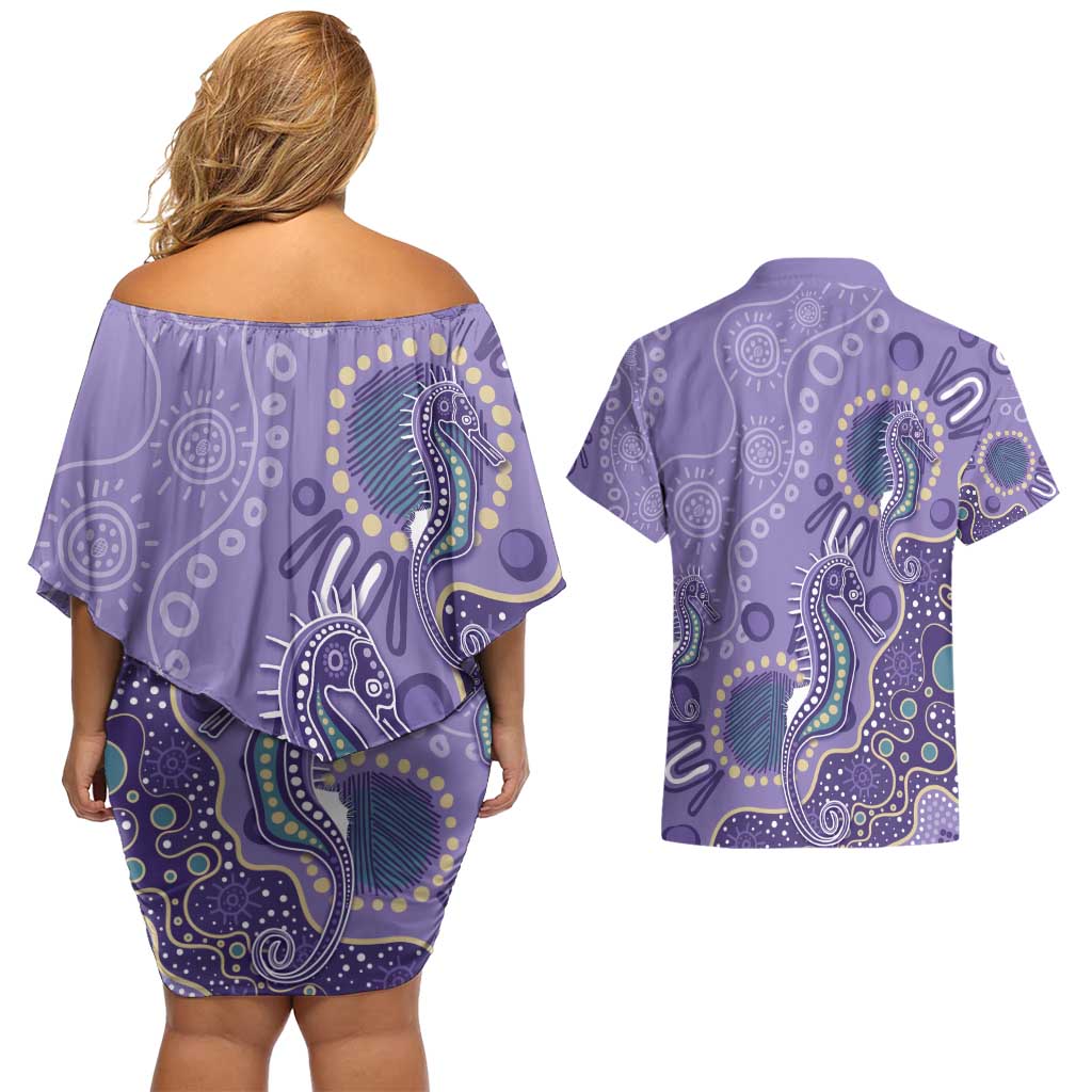 Australia Epilepsy Awareness Couples Matching Off Shoulder Short Dress and Hawaiian Shirt Aboriginal Purple Ribbon with Seahorse - Aussie Hoodie