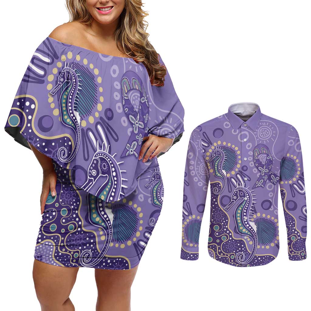 Australia Epilepsy Awareness Couples Matching Off Shoulder Short Dress and Long Sleeve Button Shirt Aboriginal Purple Ribbon with Seahorse - Aussie Hoodie