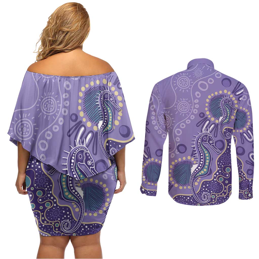 Australia Epilepsy Awareness Couples Matching Off Shoulder Short Dress and Long Sleeve Button Shirt Aboriginal Purple Ribbon with Seahorse - Aussie Hoodie