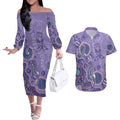 Australia Epilepsy Awareness Couples Matching Off The Shoulder Long Sleeve Dress and Hawaiian Shirt Aboriginal Purple Ribbon with Seahorse - Aussie Hoodie
