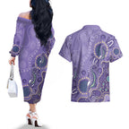 Australia Epilepsy Awareness Couples Matching Off The Shoulder Long Sleeve Dress and Hawaiian Shirt Aboriginal Purple Ribbon with Seahorse - Aussie Hoodie