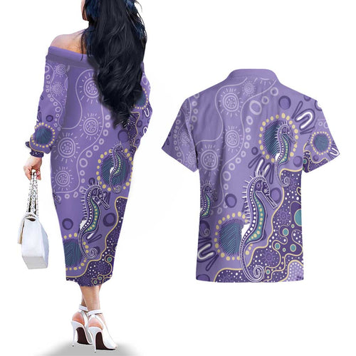 Australia Epilepsy Awareness Couples Matching Off The Shoulder Long Sleeve Dress and Hawaiian Shirt Aboriginal Purple Ribbon with Seahorse - Aussie Hoodie