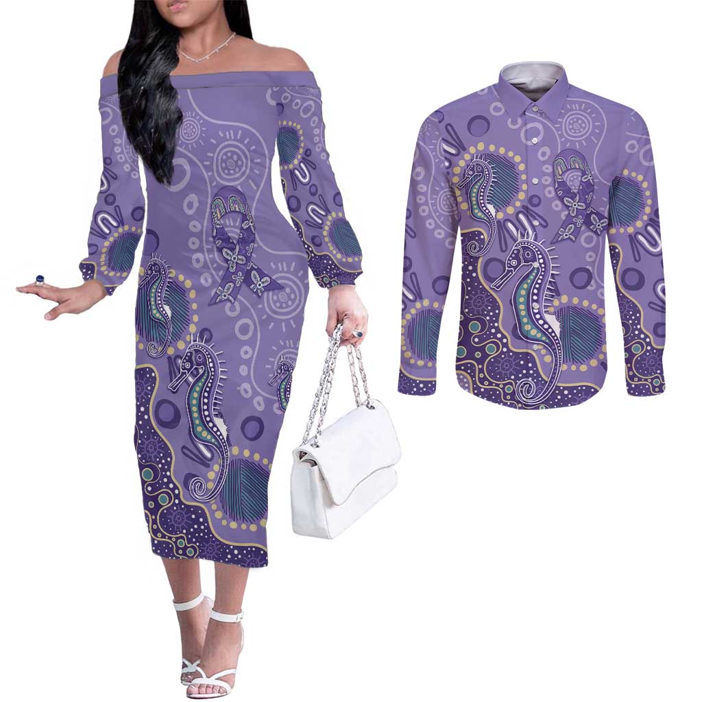 Australia Epilepsy Awareness Couples Matching Off The Shoulder Long Sleeve Dress and Long Sleeve Button Shirt Aboriginal Purple Ribbon with Seahorse - Aussie Hoodie