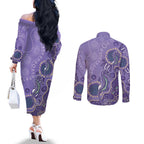 Australia Epilepsy Awareness Couples Matching Off The Shoulder Long Sleeve Dress and Long Sleeve Button Shirt Aboriginal Purple Ribbon with Seahorse - Aussie Hoodie