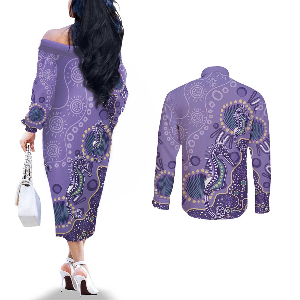 Australia Epilepsy Awareness Couples Matching Off The Shoulder Long Sleeve Dress and Long Sleeve Button Shirt Aboriginal Purple Ribbon with Seahorse - Aussie Hoodie