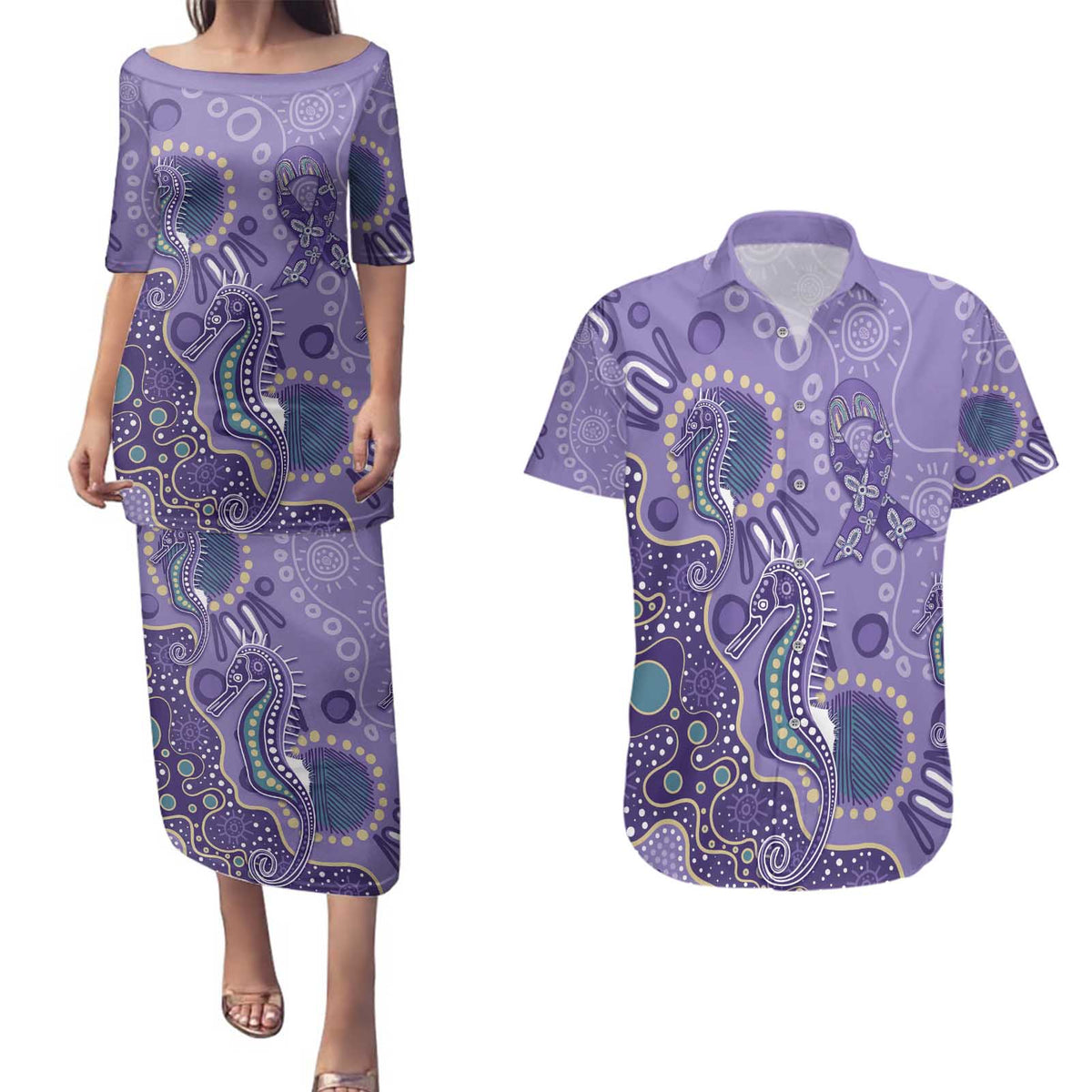 Australia Epilepsy Awareness Couples Matching Puletasi and Hawaiian Shirt Aboriginal Purple Ribbon with Seahorse - Aussie Hoodie