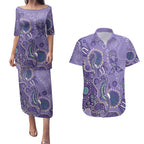 Australia Epilepsy Awareness Couples Matching Puletasi and Hawaiian Shirt Aboriginal Purple Ribbon with Seahorse - Aussie Hoodie