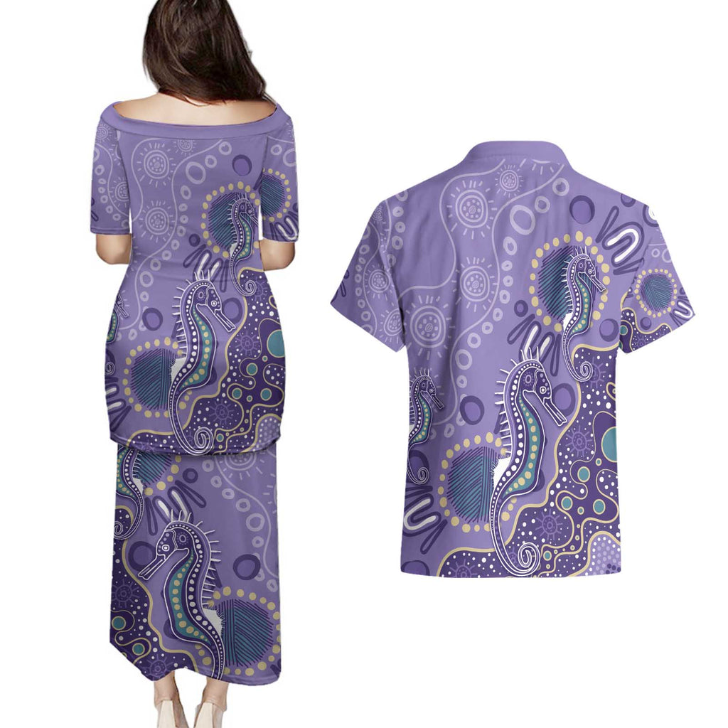 Australia Epilepsy Awareness Couples Matching Puletasi and Hawaiian Shirt Aboriginal Purple Ribbon with Seahorse - Aussie Hoodie