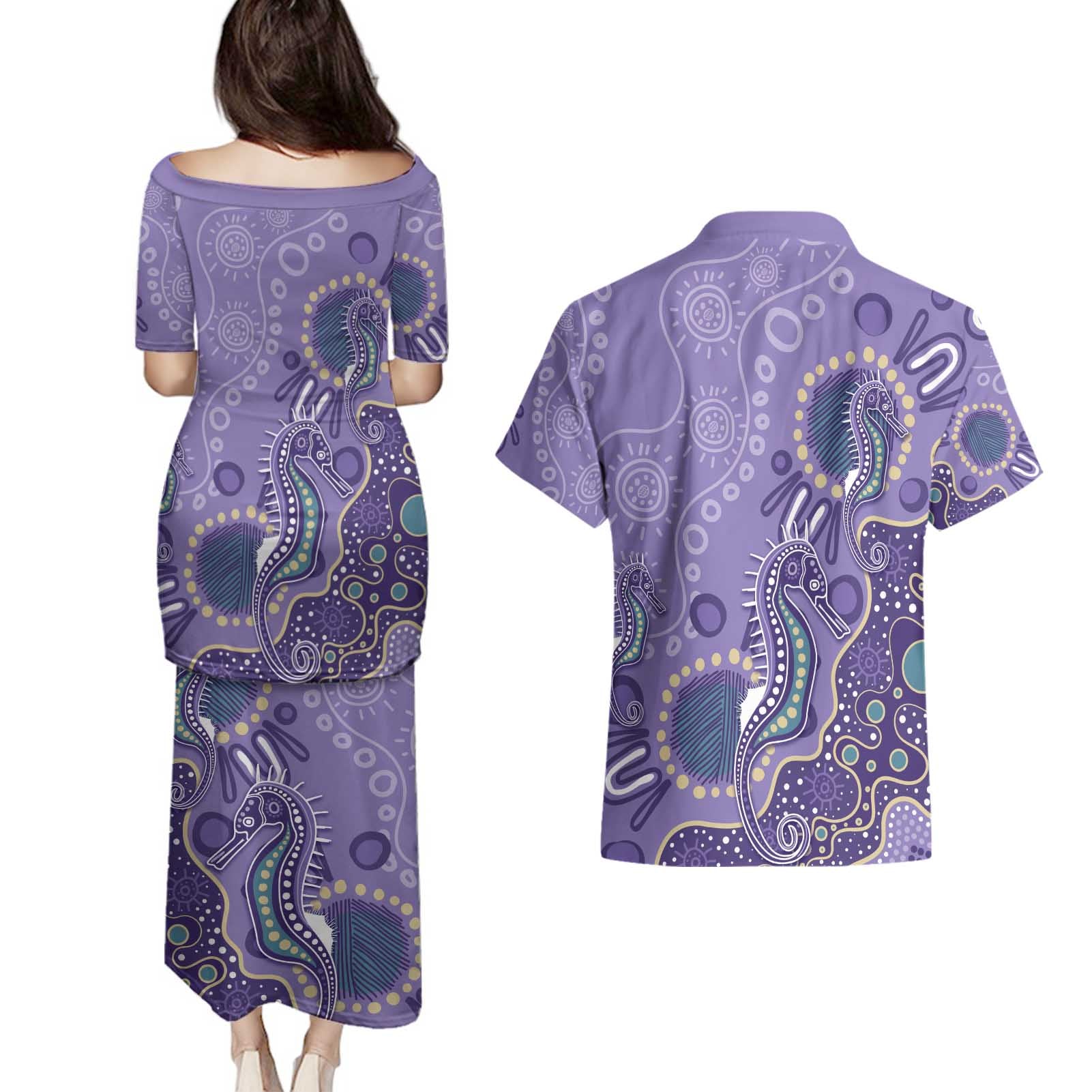 Australia Epilepsy Awareness Couples Matching Puletasi and Hawaiian Shirt Aboriginal Purple Ribbon with Seahorse - Aussie Hoodie