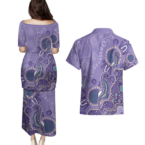 Australia Epilepsy Awareness Couples Matching Puletasi and Hawaiian Shirt Aboriginal Purple Ribbon with Seahorse - Aussie Hoodie