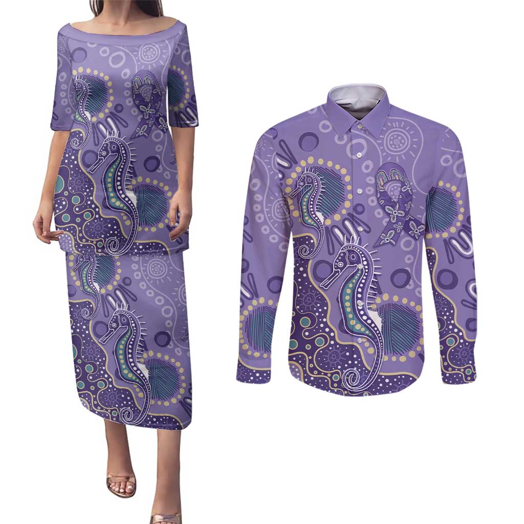 Australia Epilepsy Awareness Couples Matching Puletasi and Long Sleeve Button Shirt Aboriginal Purple Ribbon with Seahorse - Aussie Hoodie