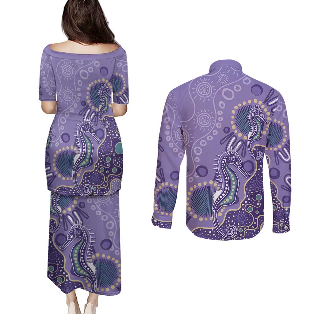 Australia Epilepsy Awareness Couples Matching Puletasi and Long Sleeve Button Shirt Aboriginal Purple Ribbon with Seahorse - Aussie Hoodie