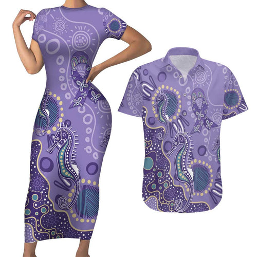 Australia Epilepsy Awareness Couples Matching Short Sleeve Bodycon Dress and Hawaiian Shirt Aboriginal Purple Ribbon with Seahorse - Aussie Hoodie