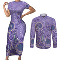 Australia Epilepsy Awareness Couples Matching Short Sleeve Bodycon Dress and Long Sleeve Button Shirt Aboriginal Purple Ribbon with Seahorse - Aussie Hoodie