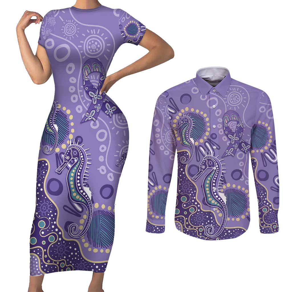 Australia Epilepsy Awareness Couples Matching Short Sleeve Bodycon Dress and Long Sleeve Button Shirt Aboriginal Purple Ribbon with Seahorse - Aussie Hoodie