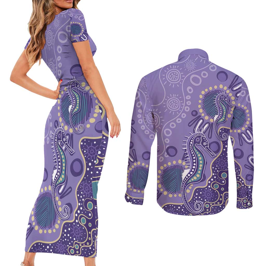 Australia Epilepsy Awareness Couples Matching Short Sleeve Bodycon Dress and Long Sleeve Button Shirt Aboriginal Purple Ribbon with Seahorse - Aussie Hoodie