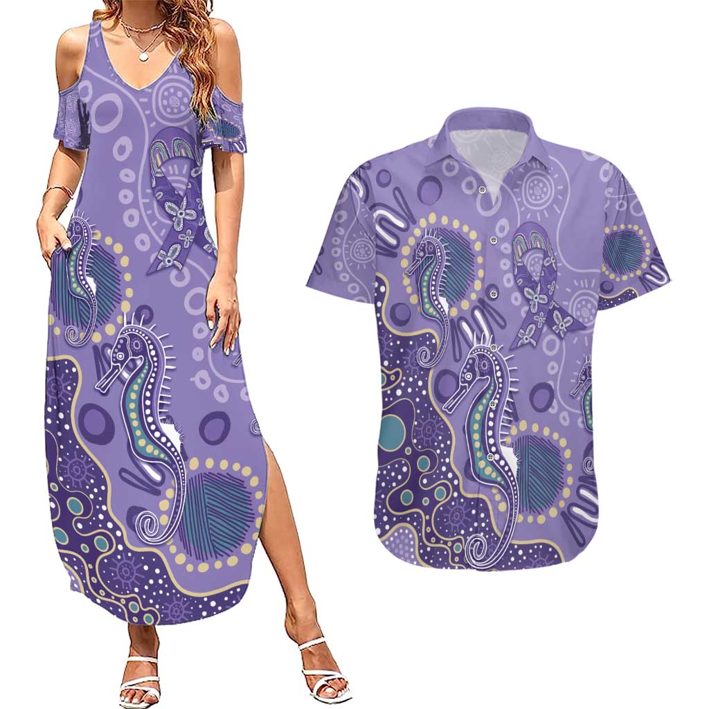 Australia Epilepsy Awareness Couples Matching Summer Maxi Dress and Hawaiian Shirt Aboriginal Purple Ribbon with Seahorse - Aussie Hoodie