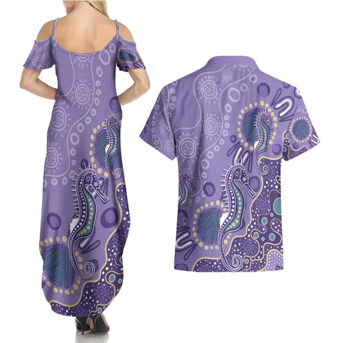 Australia Epilepsy Awareness Couples Matching Summer Maxi Dress and Hawaiian Shirt Aboriginal Purple Ribbon with Seahorse - Aussie Hoodie