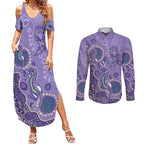 Australia Epilepsy Awareness Couples Matching Summer Maxi Dress and Long Sleeve Button Shirt Aboriginal Purple Ribbon with Seahorse - Aussie Hoodie