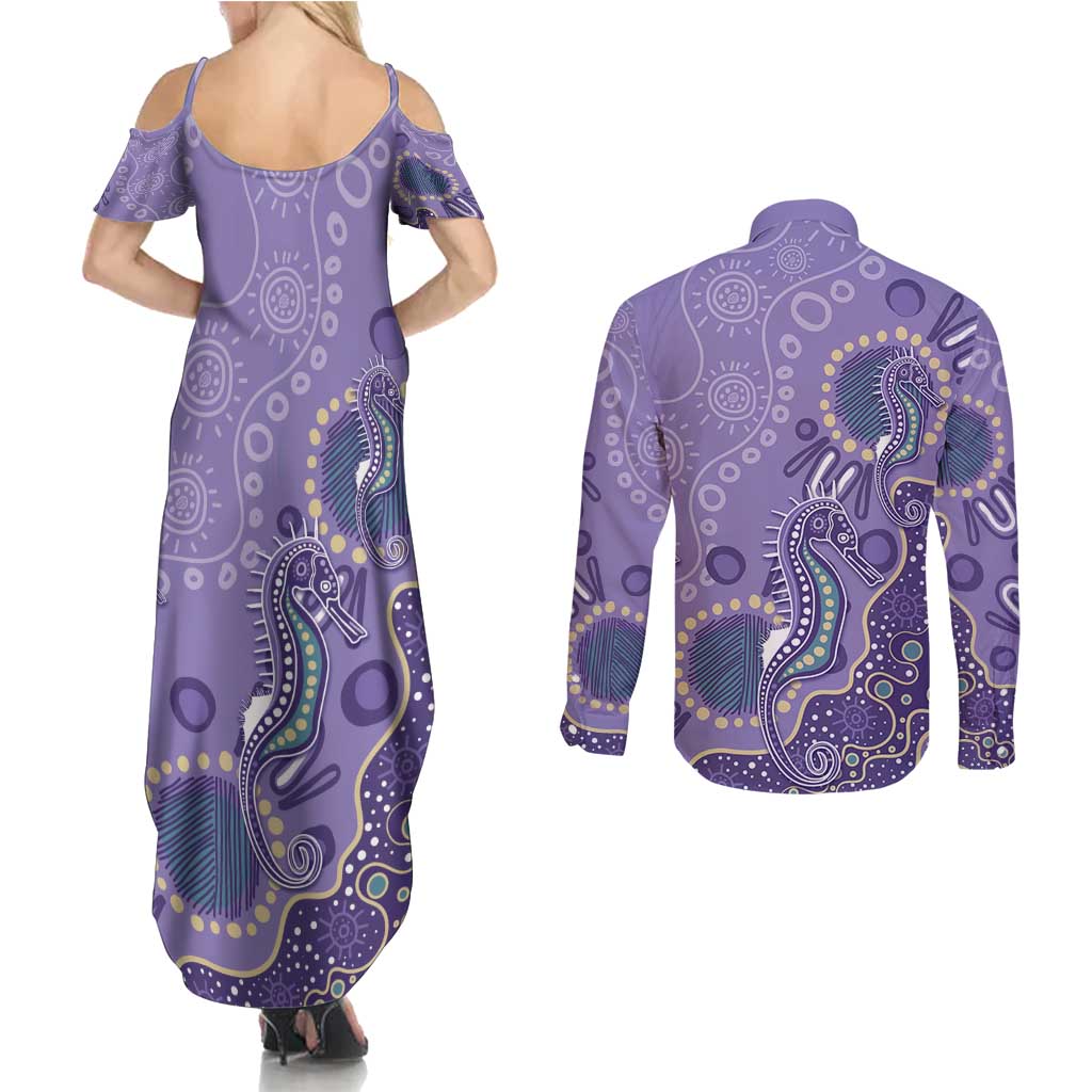 Australia Epilepsy Awareness Couples Matching Summer Maxi Dress and Long Sleeve Button Shirt Aboriginal Purple Ribbon with Seahorse - Aussie Hoodie