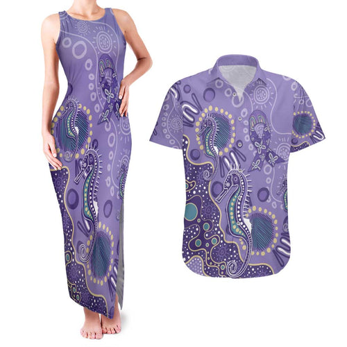 Australia Epilepsy Awareness Couples Matching Tank Maxi Dress and Hawaiian Shirt Aboriginal Purple Ribbon with Seahorse - Aussie Hoodie