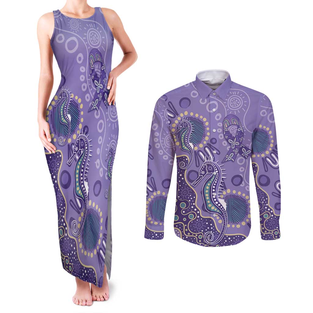 Australia Epilepsy Awareness Couples Matching Tank Maxi Dress and Long Sleeve Button Shirt Aboriginal Purple Ribbon with Seahorse - Aussie Hoodie