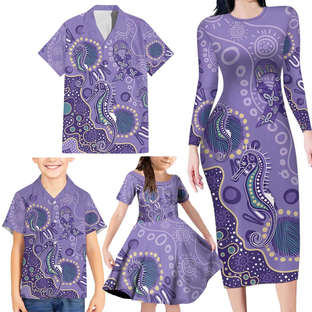 Australia Epilepsy Awareness Family Matching Long Sleeve Bodycon Dress and Hawaiian Shirt Aboriginal Purple Ribbon with Seahorse - Aussie Hoodie
