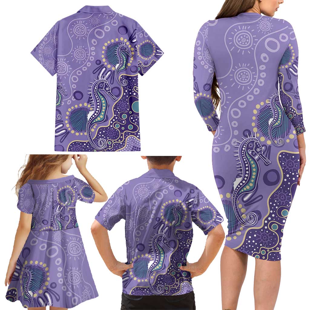 Australia Epilepsy Awareness Family Matching Long Sleeve Bodycon Dress and Hawaiian Shirt Aboriginal Purple Ribbon with Seahorse - Aussie Hoodie