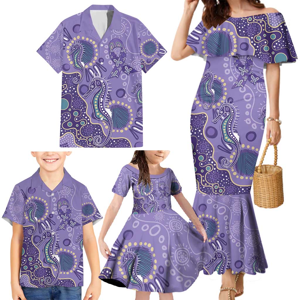 Australia Epilepsy Awareness Family Matching Mermaid Dress and Hawaiian Shirt Aboriginal Purple Ribbon with Seahorse - Aussie Hoodie