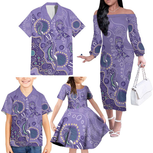 Australia Epilepsy Awareness Family Matching Off The Shoulder Long Sleeve Dress and Hawaiian Shirt Aboriginal Purple Ribbon with Seahorse - Aussie Hoodie