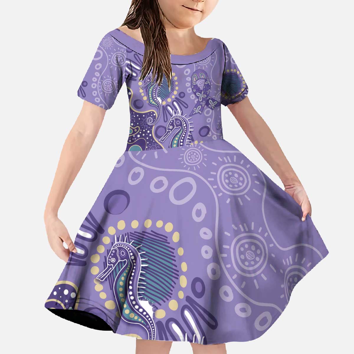 Australia Epilepsy Awareness Family Matching Off The Shoulder Long Sleeve Dress and Hawaiian Shirt Aboriginal Purple Ribbon with Seahorse - Aussie Hoodie