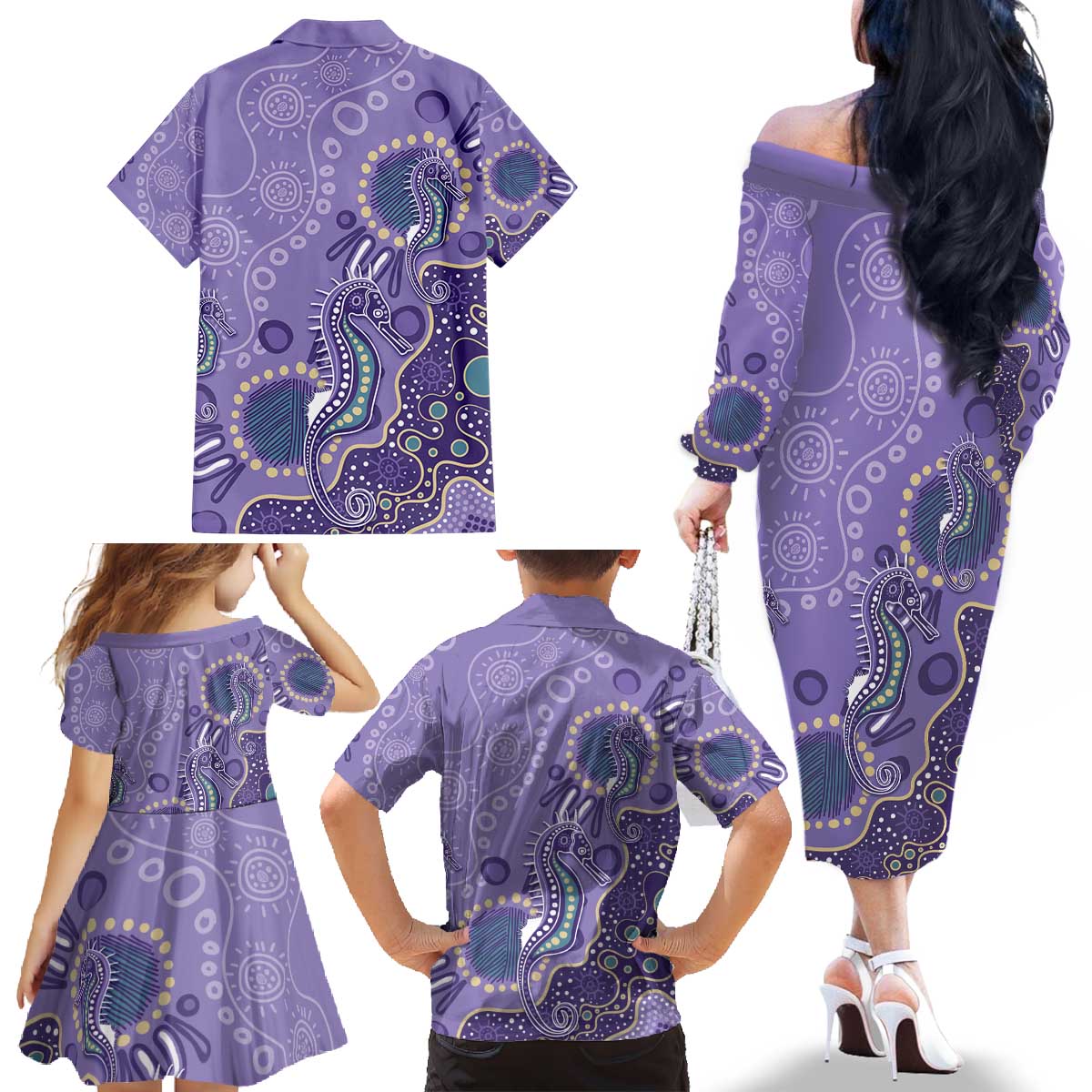 Australia Epilepsy Awareness Family Matching Off The Shoulder Long Sleeve Dress and Hawaiian Shirt Aboriginal Purple Ribbon with Seahorse - Aussie Hoodie
