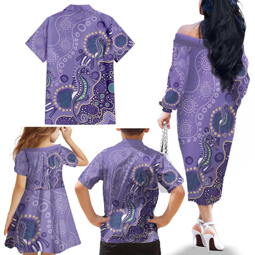 Australia Epilepsy Awareness Family Matching Off The Shoulder Long Sleeve Dress and Hawaiian Shirt Aboriginal Purple Ribbon with Seahorse - Aussie Hoodie
