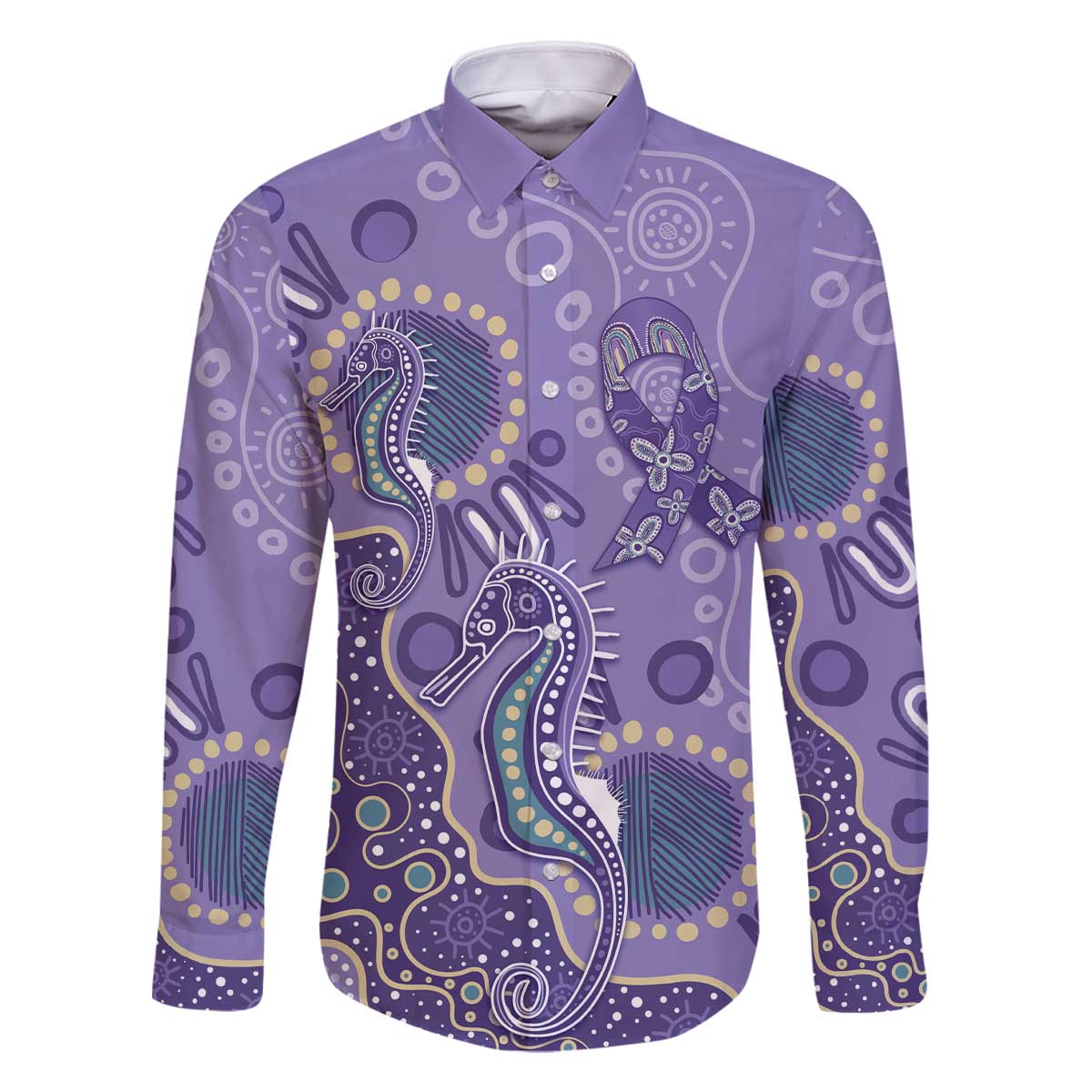 Australia Epilepsy Awareness Family Matching Off The Shoulder Long Sleeve Dress and Hawaiian Shirt Aboriginal Purple Ribbon with Seahorse - Aussie Hoodie