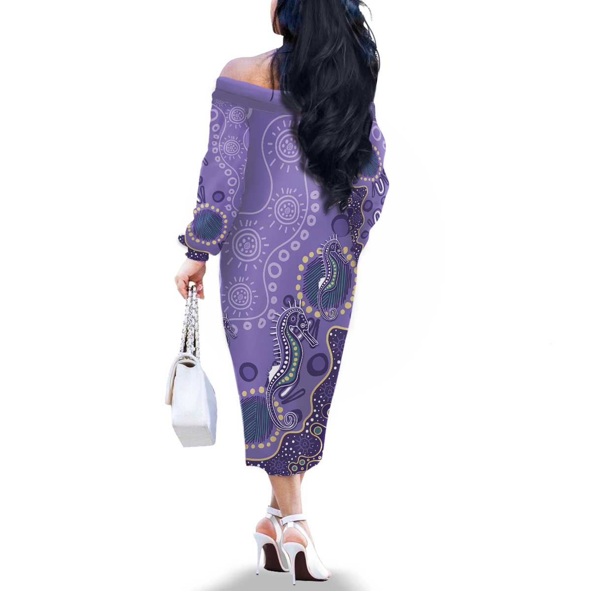 Australia Epilepsy Awareness Family Matching Off The Shoulder Long Sleeve Dress and Hawaiian Shirt Aboriginal Purple Ribbon with Seahorse - Aussie Hoodie