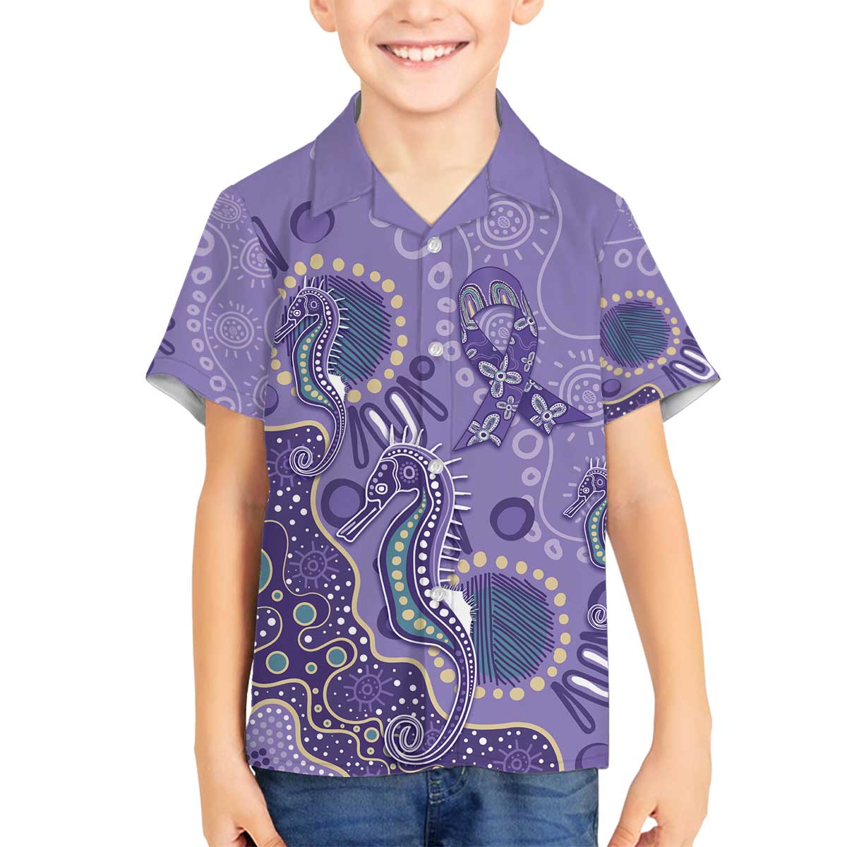 Australia Epilepsy Awareness Family Matching Off The Shoulder Long Sleeve Dress and Hawaiian Shirt Aboriginal Purple Ribbon with Seahorse - Aussie Hoodie