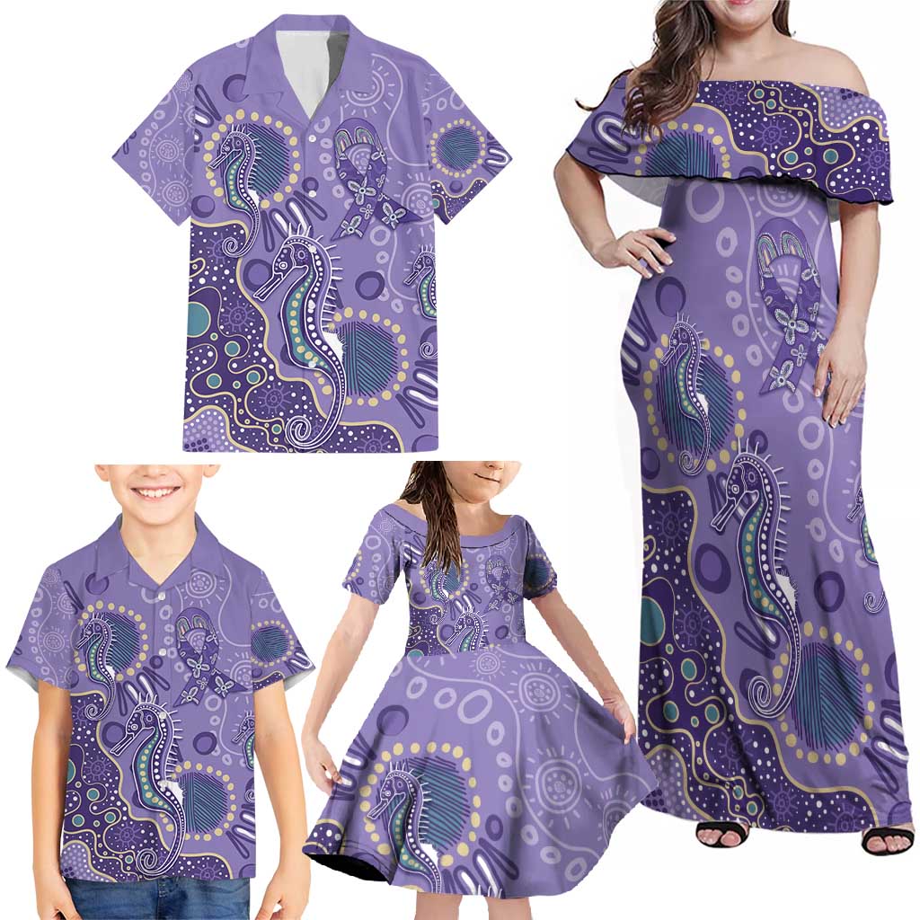 Australia Epilepsy Awareness Family Matching Off Shoulder Maxi Dress and Hawaiian Shirt Aboriginal Purple Ribbon with Seahorse - Aussie Hoodie