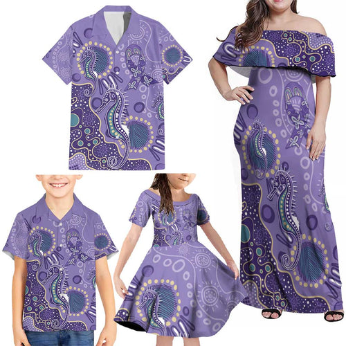 Australia Epilepsy Awareness Family Matching Off Shoulder Maxi Dress and Hawaiian Shirt Aboriginal Purple Ribbon with Seahorse - Aussie Hoodie