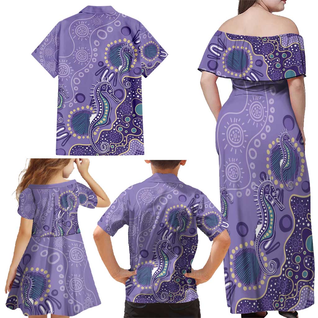 Australia Epilepsy Awareness Family Matching Off Shoulder Maxi Dress and Hawaiian Shirt Aboriginal Purple Ribbon with Seahorse - Aussie Hoodie