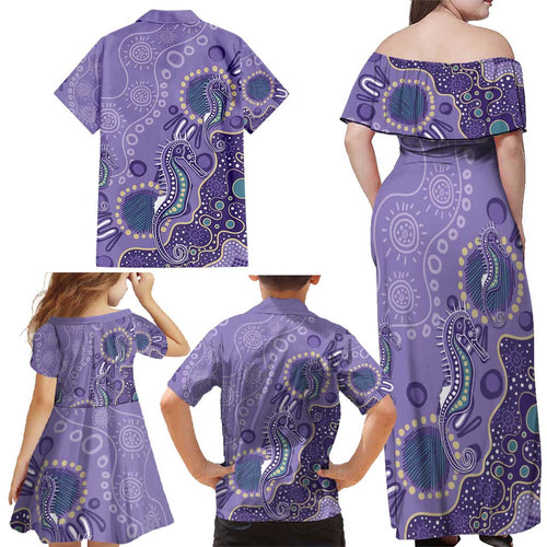 Australia Epilepsy Awareness Family Matching Off Shoulder Maxi Dress and Hawaiian Shirt Aboriginal Purple Ribbon with Seahorse - Aussie Hoodie