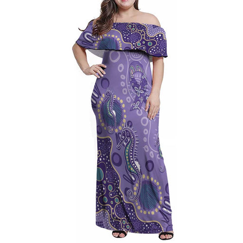 Australia Epilepsy Awareness Family Matching Off Shoulder Maxi Dress and Hawaiian Shirt Aboriginal Purple Ribbon with Seahorse - Aussie Hoodie