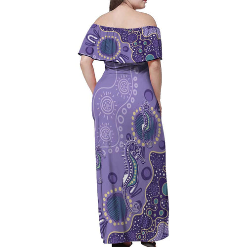 Australia Epilepsy Awareness Family Matching Off Shoulder Maxi Dress and Hawaiian Shirt Aboriginal Purple Ribbon with Seahorse - Aussie Hoodie