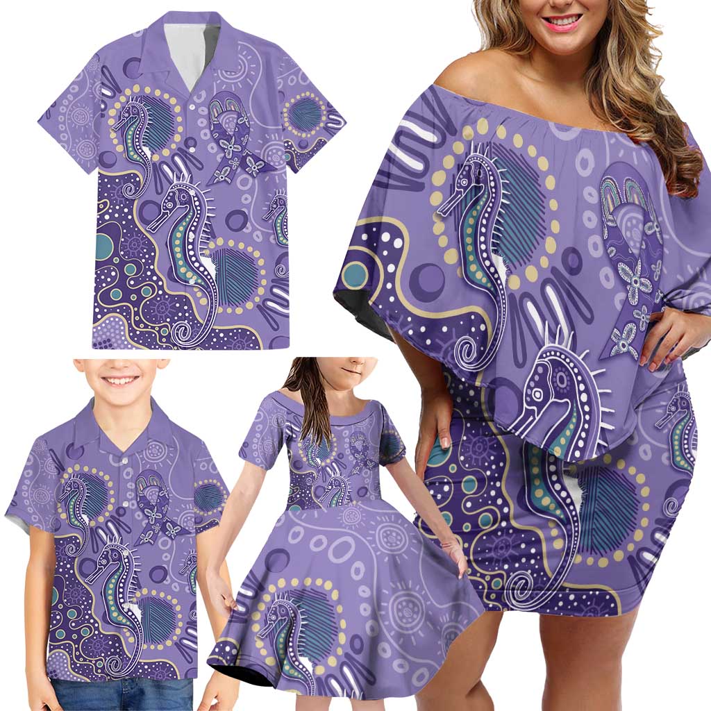 Australia Epilepsy Awareness Family Matching Off Shoulder Short Dress and Hawaiian Shirt Aboriginal Purple Ribbon with Seahorse - Aussie Hoodie